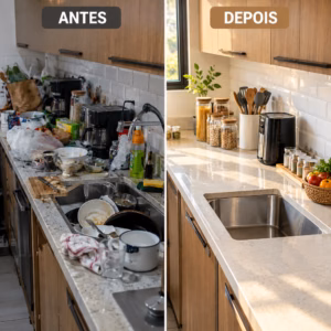 antes e depois da bancada da cozinha organizada