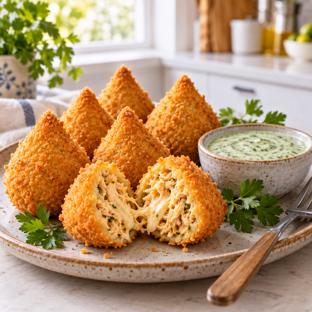 Coxinha de frango assada: crocante por fora, cremosa por dentro