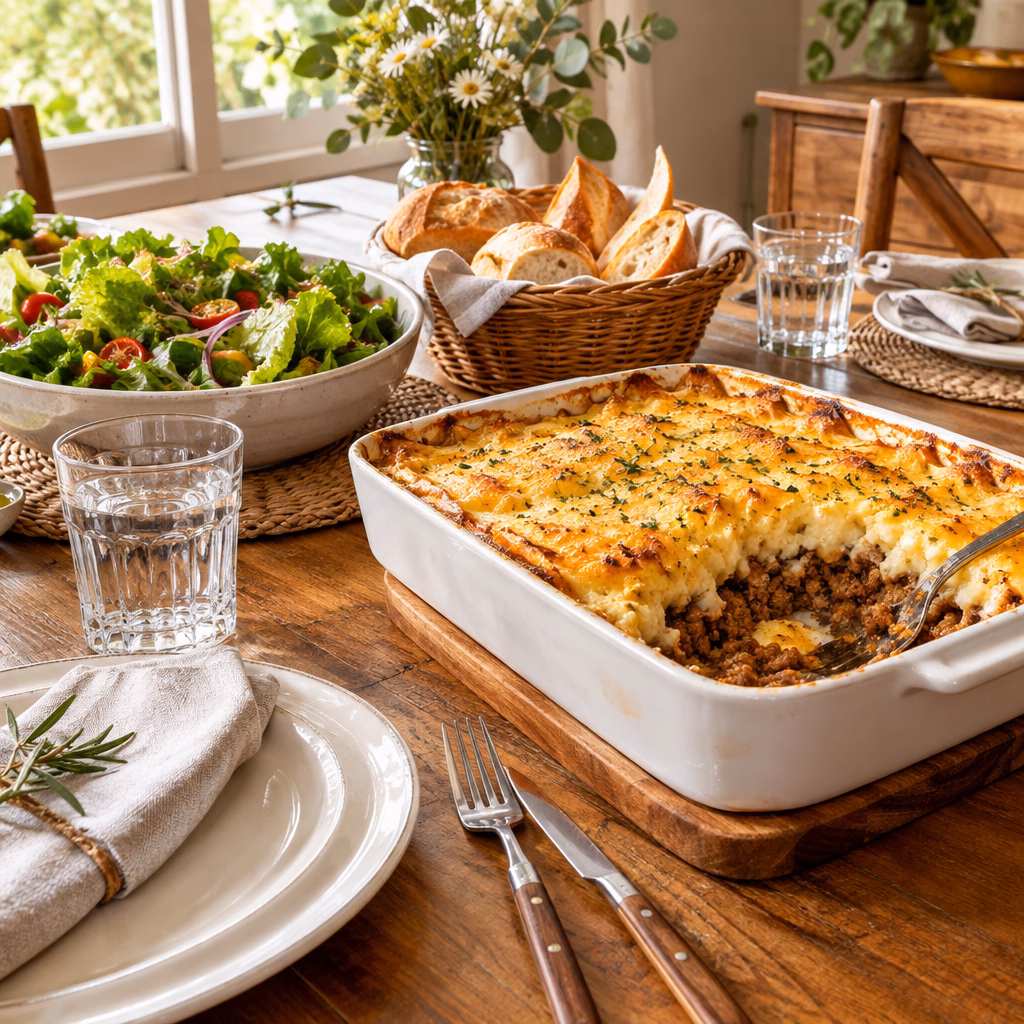 mesa posta para almoço de domingo com escondidinho de batata e salada