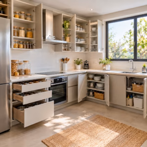 visão geral de cozinha organizada com bancada livre e armários bem divididos
